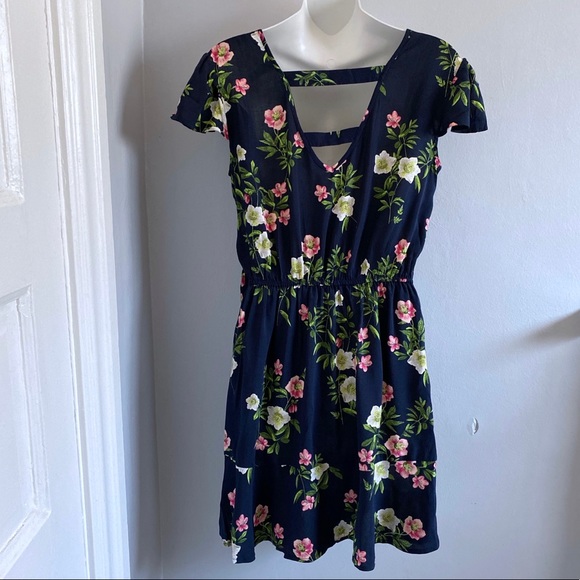 Xhilaration Floral Flounce Faux Wrap Dress Navy S - Picture 4 of 5